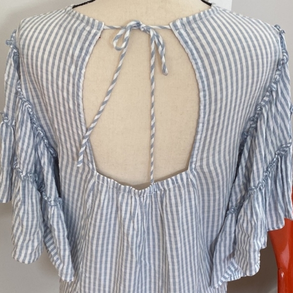 Anthropologie Pilcro Blue and White Stripes with Ruffle Sleeves Blouse - Picture 5 of 11